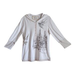 FOR LOVE AND LIBERTY M / L Boho Hoodie Shirt Cream Gray Birds City Raw Edges 36"